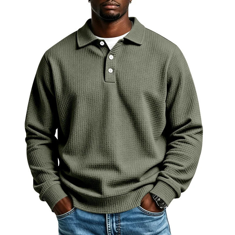 Men's Polo Shirt in Waffle Knit with Button Placket & Ribbed Cuffs - Front Close