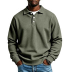 Olive Green Men's Polo Shirt in Waffle Knit with Button Placket & Ribbed Cuffs - Front Standing