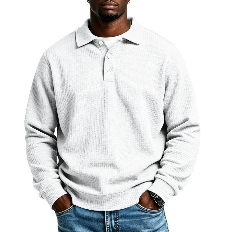 White Men's Polo Shirt in Waffle Knit with Button Placket & Ribbed Cuffs - Front Full