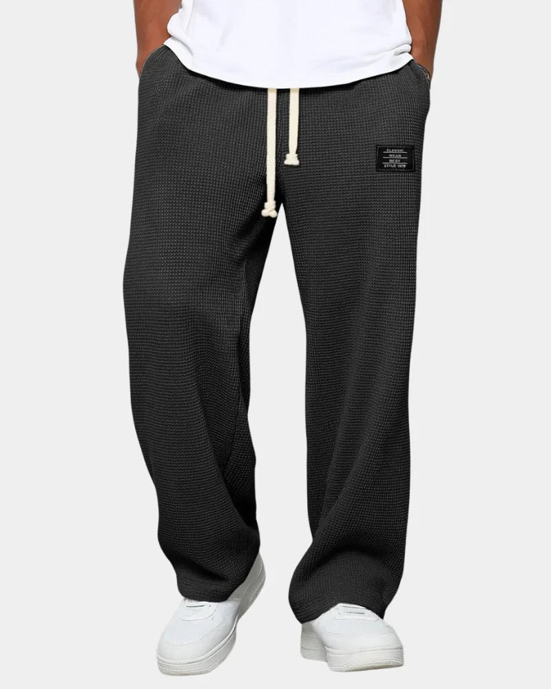 Black Men's Waffle Knit Sweatpants with Relaxed Wide-Leg Fit & Drawstring Waist — Lucas