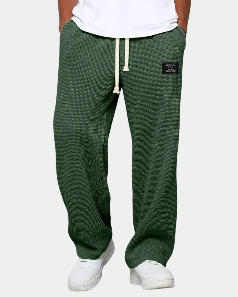 Dark Green Men's Waffle Knit Sweatpants with Relaxed Wide-Leg Fit & Drawstring Waist — Lucas