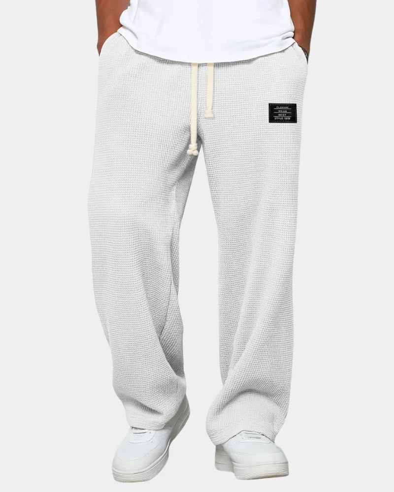 White Men's Waffle Knit Sweatpants with Relaxed Wide-Leg Fit & Drawstring Waist — Lucas