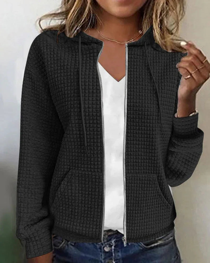 Black Women's Casual Cotton Blend Jacket with Hood & Relaxed Fit — Heather