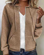 Khaki Women's Casual Cotton Blend Jacket with Hood & Relaxed Fit
