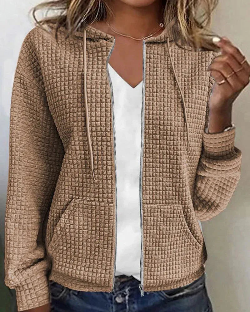 Khaki Women's Casual Cotton Blend Jacket with Hood & Relaxed Fit