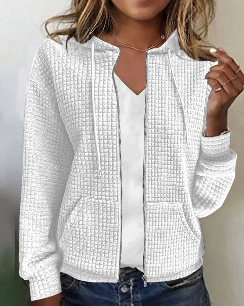 White Women's Casual Cotton Blend Jacket with Hood & Relaxed Fit