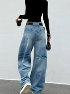 Blue Women's Washed Barrel Leg Jeans — Jillian Relaxed High-Waisted Distressed - Back Full Pose
