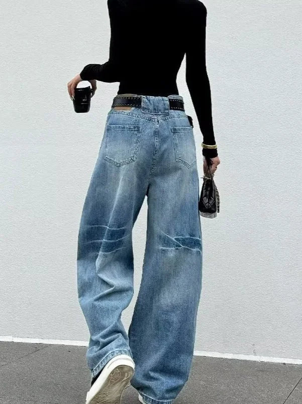 Blue Women's Washed Barrel Leg Jeans — Jillian Relaxed High-Waisted Distressed - Back Full Pose