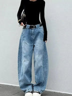 Blue Women's Washed Barrel Leg Jeans — Jillian Relaxed High-Waisted Distressed - Front Full Alt