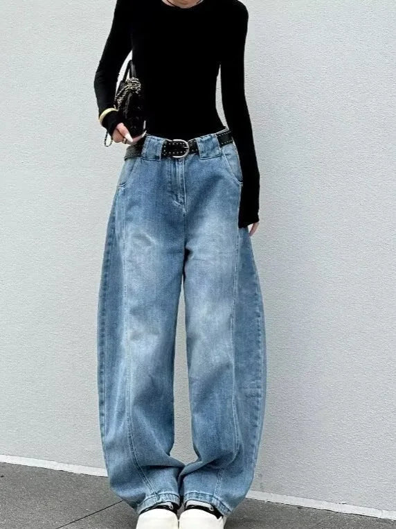 Blue Women's Washed Barrel Leg Jeans — Jillian Relaxed High-Waisted Distressed - Front Full Alt