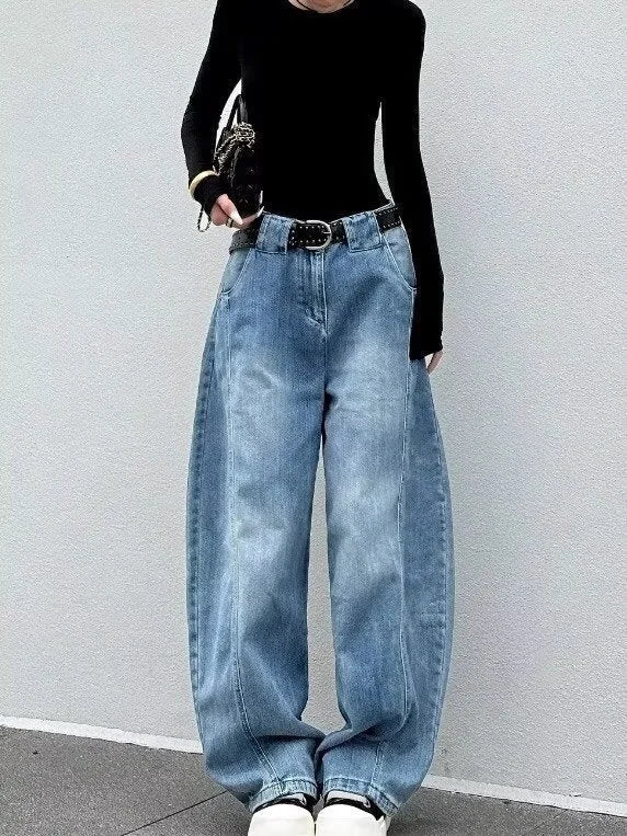 Blue Women's Washed Barrel Leg Jeans — Jillian Relaxed High-Waisted Distressed - Front Full Pose