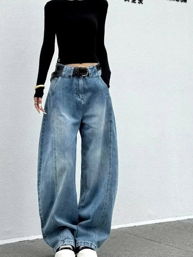 Blue Women's Washed Barrel Leg Jeans — Jillian Relaxed High-Waisted Distressed - Front Waist Closeup