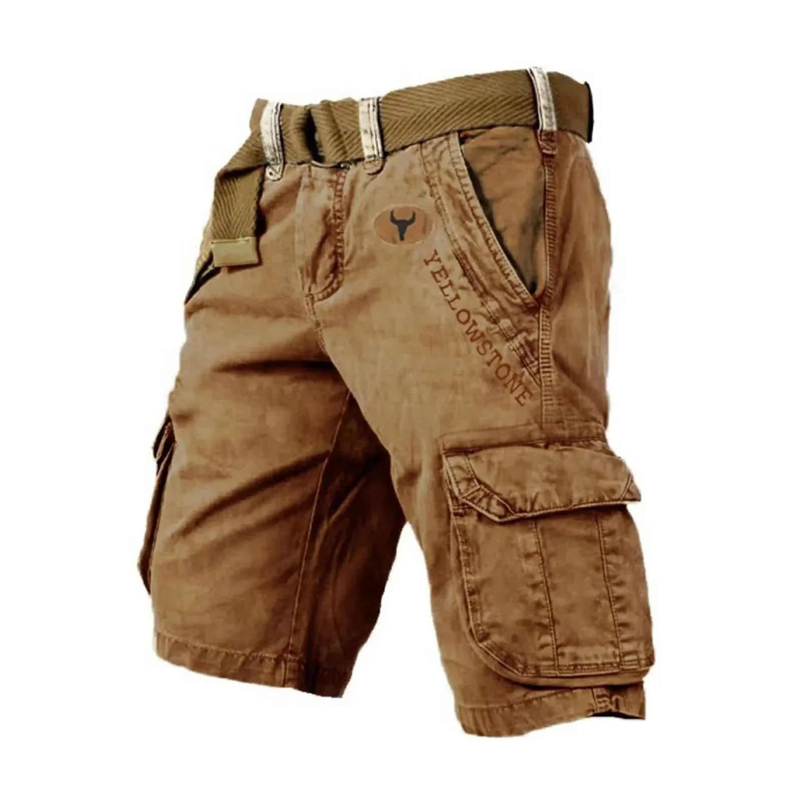 Brown Men's Washed Cargo Shorts Pants — Max Multi-Pocket Relaxed Utility - Front View