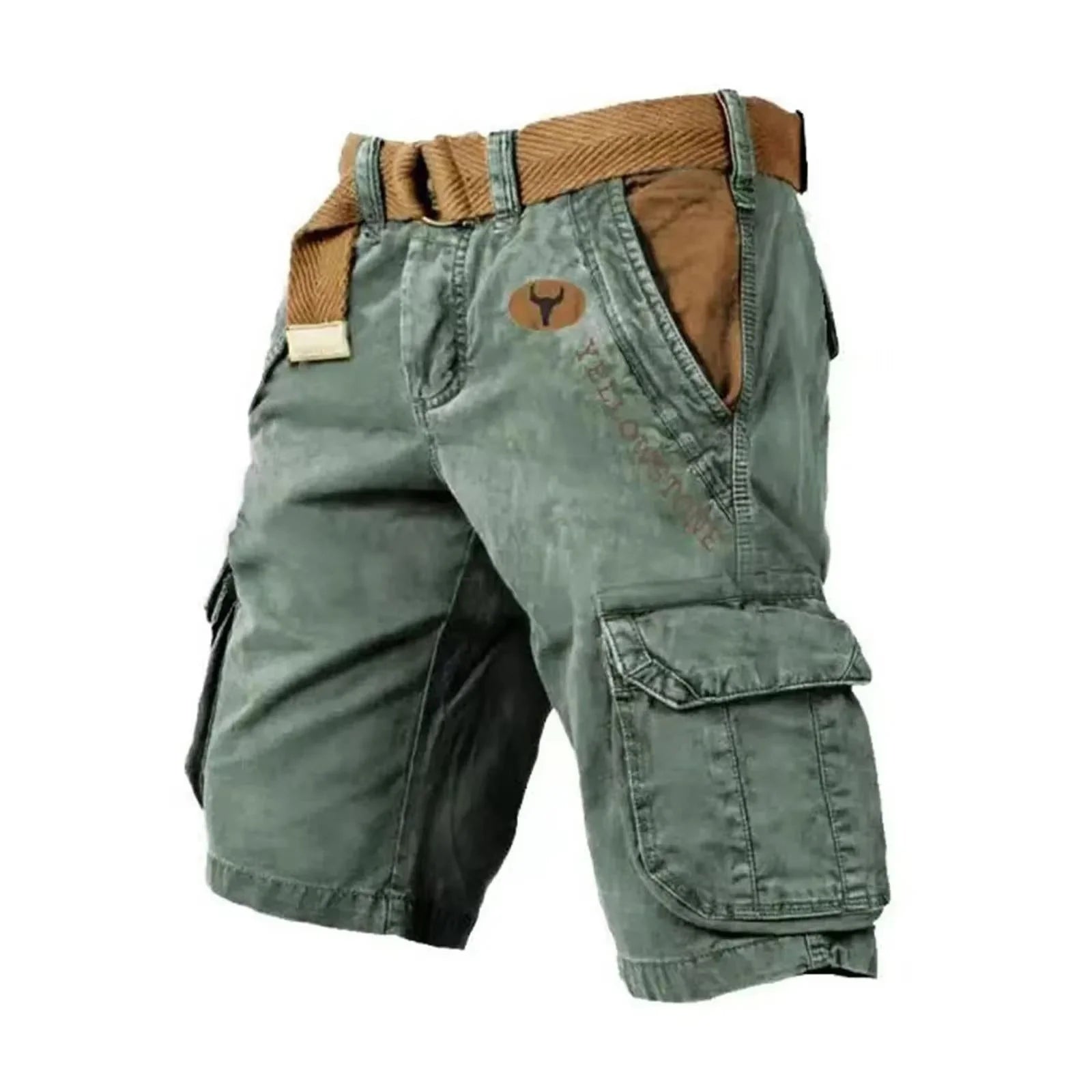 Green Men's Washed Cargo Shorts Pants — Max Multi-Pocket Relaxed Utility - Front Detail