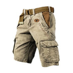 Khaki Men's Washed Cargo Shorts Pants — Max Multi-Pocket Relaxed Utility - Side Pose