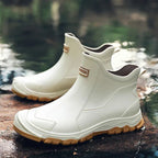 Beige Women's Waterproof Ankle Rain Boots — Solange Everyday Slip-On - Side Pair