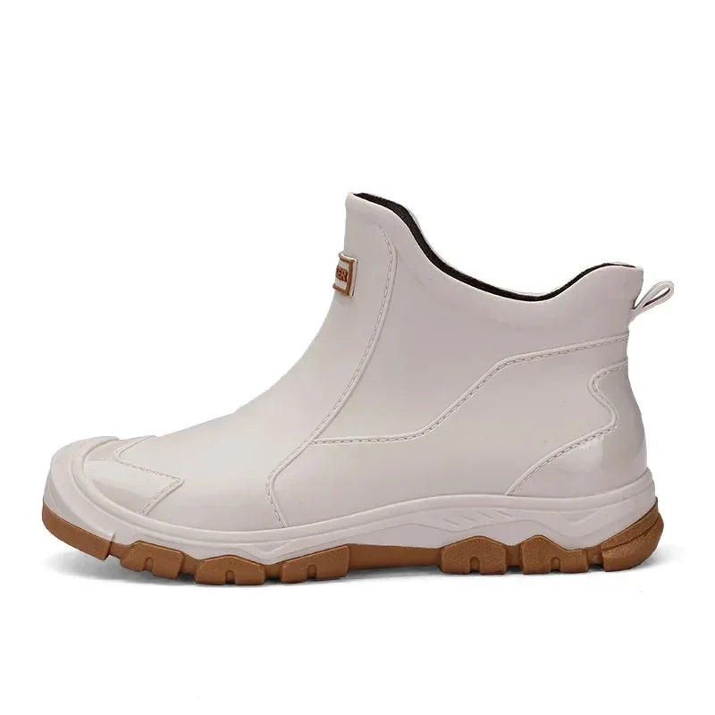 Beige Women's Waterproof Ankle Rain Boots — Solange Everyday Slip-On - Studio White Profile