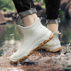 Beige Women's Waterproof Ankle Rain Boots — Solange Everyday Slip-On - Worn Lifestyle Walking