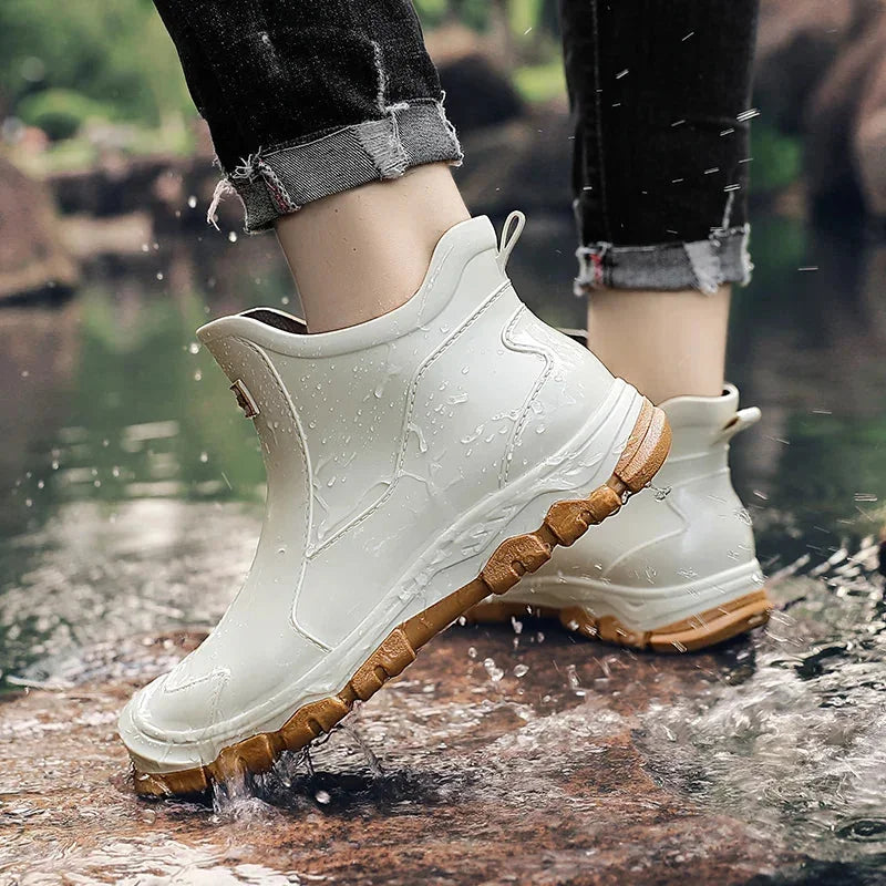 Beige Women's Waterproof Ankle Rain Boots — Solange Everyday Slip-On - Worn Lifestyle Walking