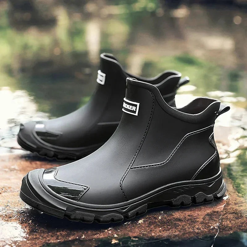 Black Women's Waterproof Ankle Rain Boots — Solange Everyday Slip-On - Front Full