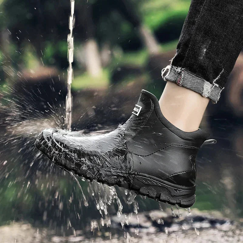 Black Women's Waterproof Ankle Rain Boots — Solange Everyday Slip-On - Worn Lifestyle Splash