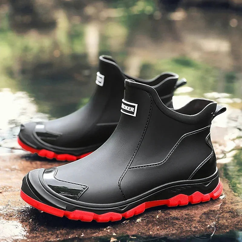 Multicolor Women's Waterproof Ankle Rain Boots — Solange Everyday Slip-On - Outdoor Pose