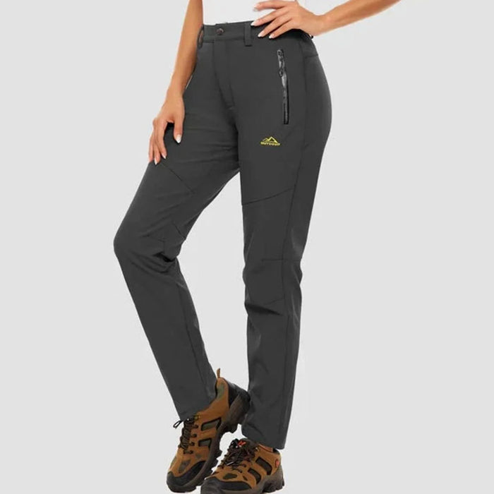 Dark Grey Women's Waterproof Outdoor Pants with Fleece Lining & Zip Pockets - Front Angle Pose
