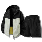 Black Green Men's Waterproof Jacket Set with Zip-Front Hood & Cargo Shorts - Colorblock Detail