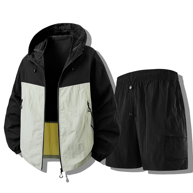 Black Green Men's Waterproof Jacket Set with Zip-Front Hood & Cargo Shorts - Colorblock Detail