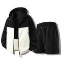 Black White Men's Waterproof Jacket Set with Zip-Front Hood & Cargo Shorts