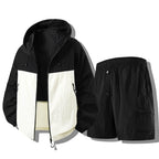 Black White Men's Waterproof Jacket Set with Zip-Front Hood & Cargo Shorts