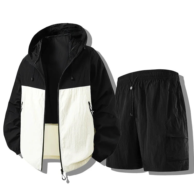 Black White Men's Waterproof Jacket Set with Zip-Front Hood & Cargo Shorts