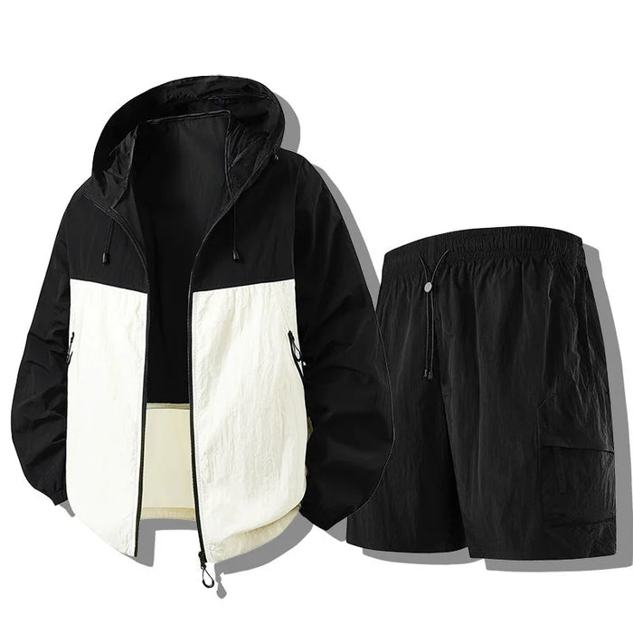 Black White Men's Waterproof Jacket Set with Zip-Front Hood & Cargo Shorts