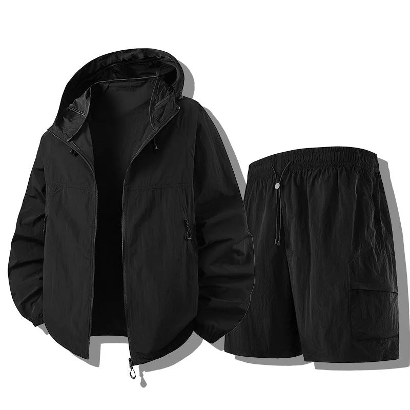 Black Men's Waterproof Jacket Set with Zip-Front Hood & Cargo Shorts