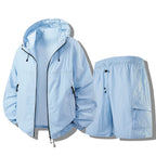 Blue Men's Waterproof Jacket Set with Zip-Front Hood & Cargo Shorts