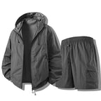 Cement gray Men's Waterproof Jacket Set with Zip-Front Hood & Cargo Shorts