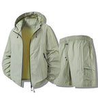 Coriander green Men's Waterproof Jacket Set with Zip-Front Hood & Cargo Shorts