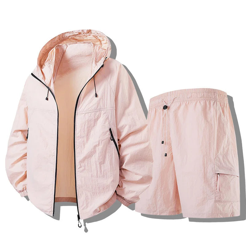 Ice Rose Men's Waterproof Jacket Set with Zip-Front Hood & Cargo Shorts - Flat Lay Set
