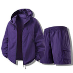Lilac Men's Waterproof Jacket Set with Zip-Front Hood & Cargo Shorts