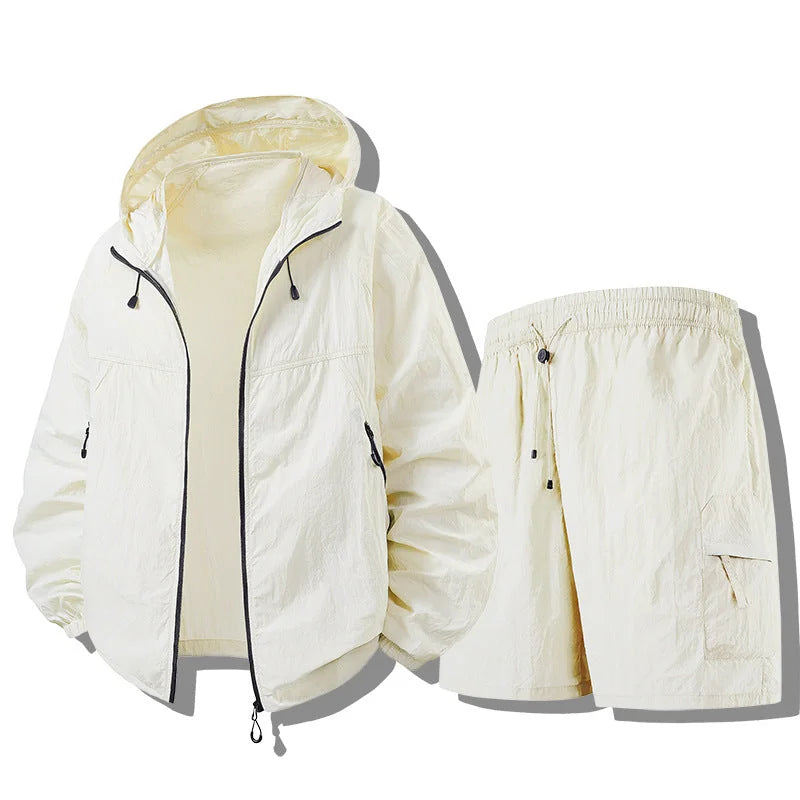 White Men's Waterproof Jacket Set with Zip-Front Hood & Cargo Shorts