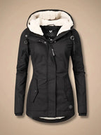 Black Women's Waterproof Winter Jacket with Cozy Fleece-Lined Hood & Side Pockets
