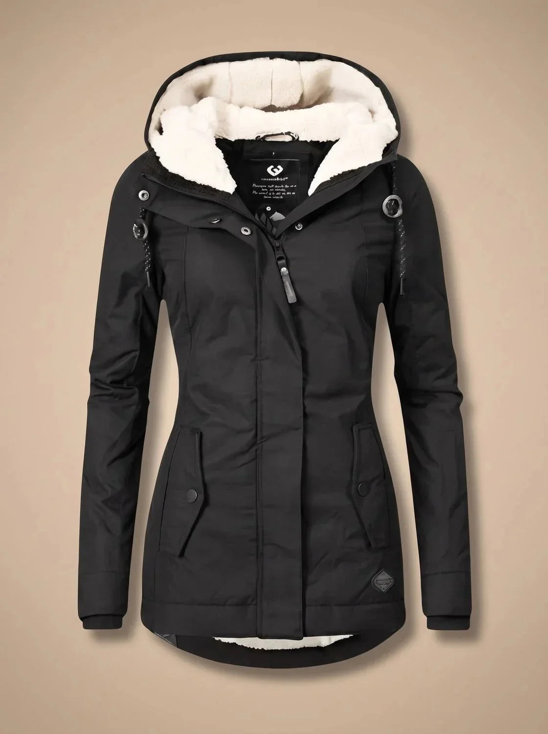 Black Women's Waterproof Winter Jacket with Cozy Fleece-Lined Hood & Side Pockets