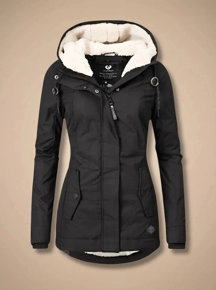 Black Women's Waterproof Winter Jacket with Cozy Fleece-Lined Hood & Side Pockets