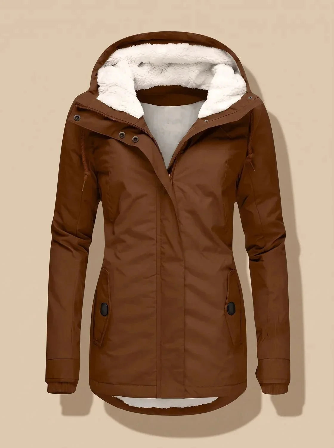 Brown Women's Waterproof Winter Jacket with Cozy Fleece-Lined Hood & Side Pockets — Gwen