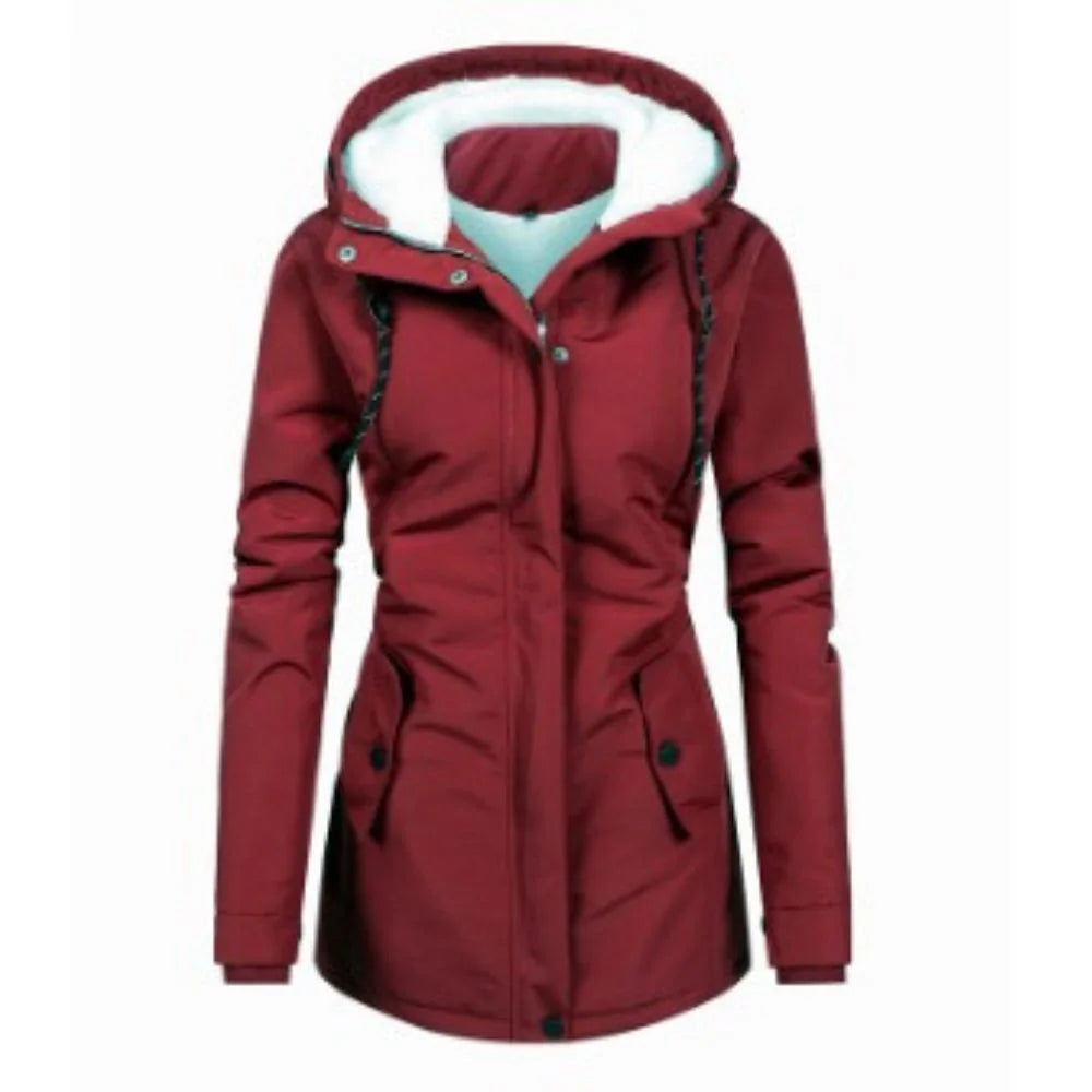 Red Women's Waterproof Winter Jacket with Cozy Fleece-Lined Hood & Side Pockets