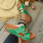 Green Women's Wedge Slide Sandals — Scarlett Buckle Open-Toe Casual - Worn Lifestyle