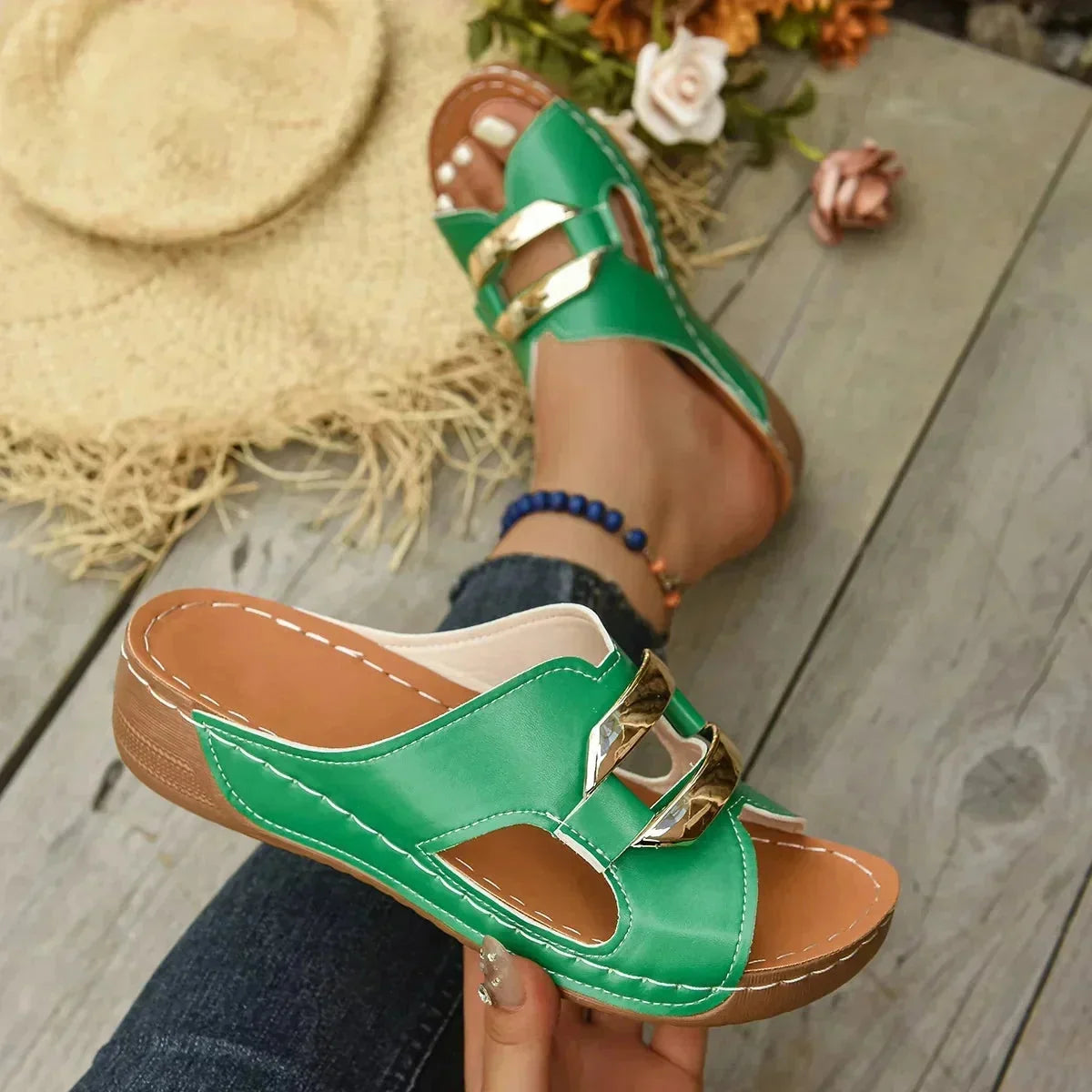 Green Women's Wedge Slide Sandals — Scarlett Buckle Open-Toe Casual - Worn Lifestyle