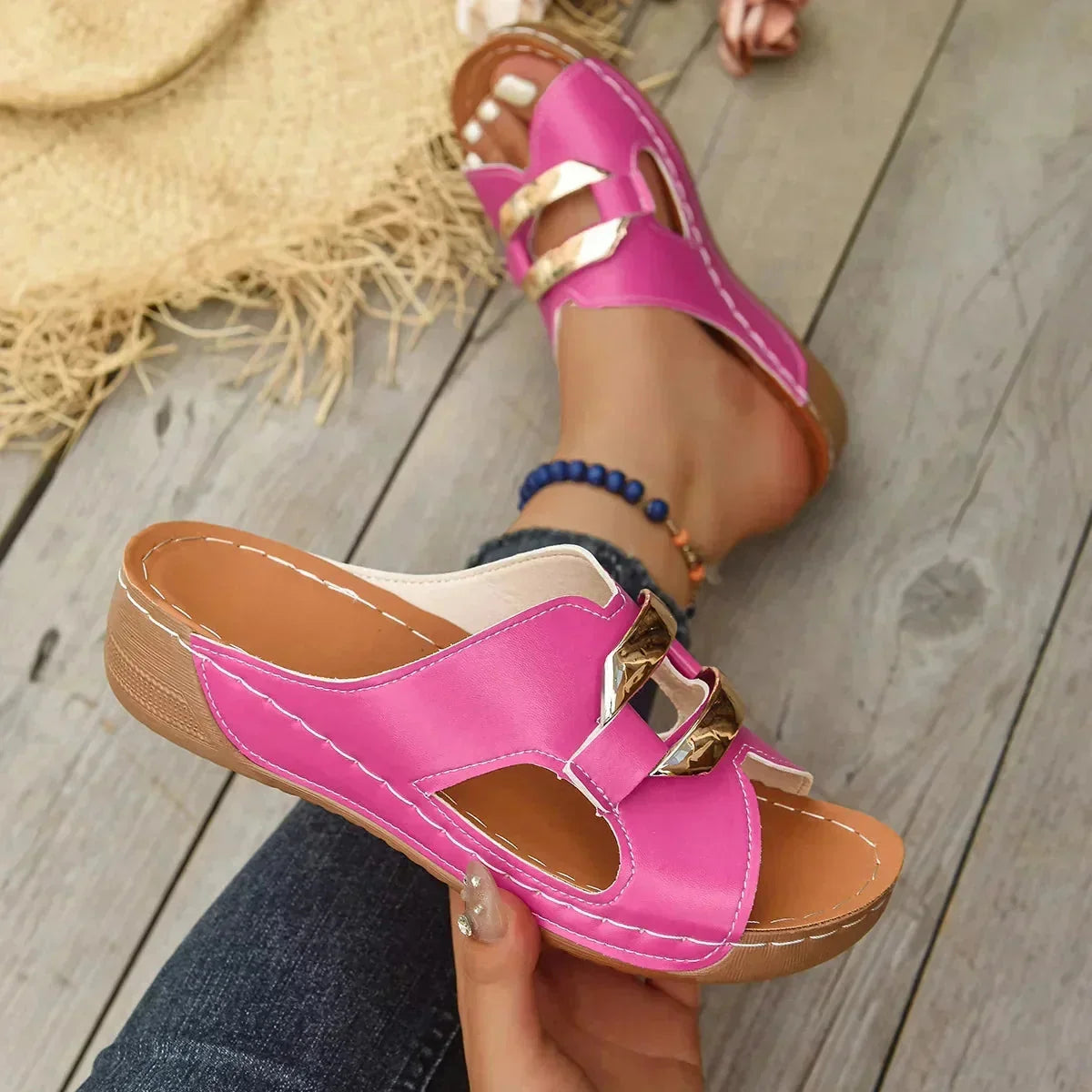 Pink Women's Wedge Slide Sandals — Scarlett Buckle Open-Toe Casual - Held In Hand