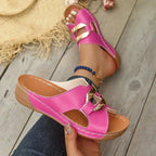 Pink Women's Wedge Slide Sandals — Scarlett Buckle Open-Toe Casual - Side Pose