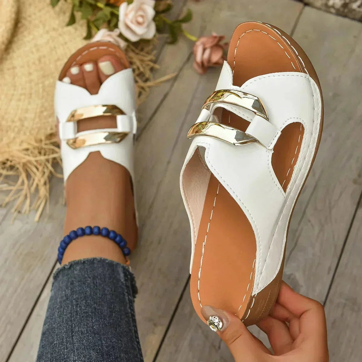 White Women's Wedge Slide Sandals — Scarlett Buckle Open-Toe Casual - Top Buckle Detail